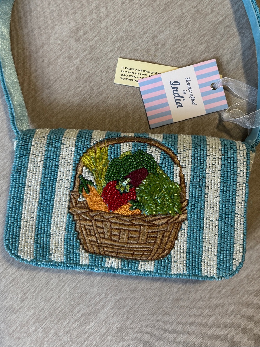 NWT Handcrafted in India Beaded Vegetable Basket Shoulder Bag Blue